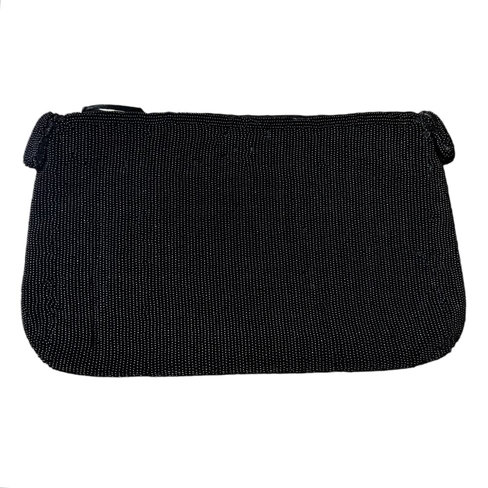SAKS FIFTH AVENUE VINTAGE Black Beaded Clutch Evening Handbag Zipper Closure GUC